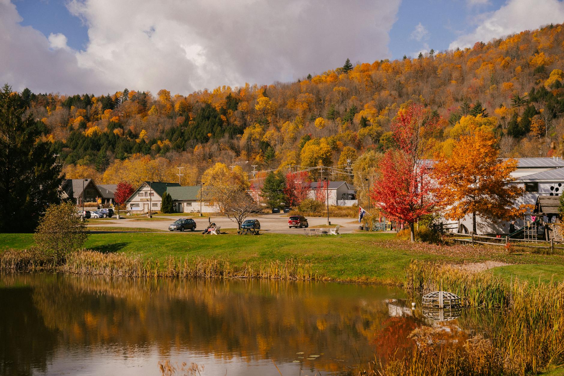 rural houses in autumn day on shore of pond