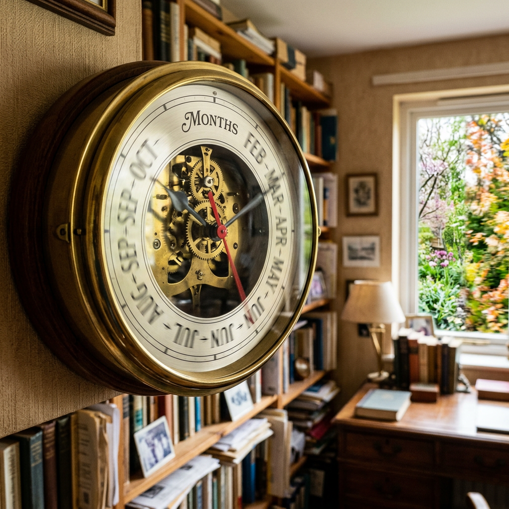 Antique wall clock showing months with visible gears on study room wall
